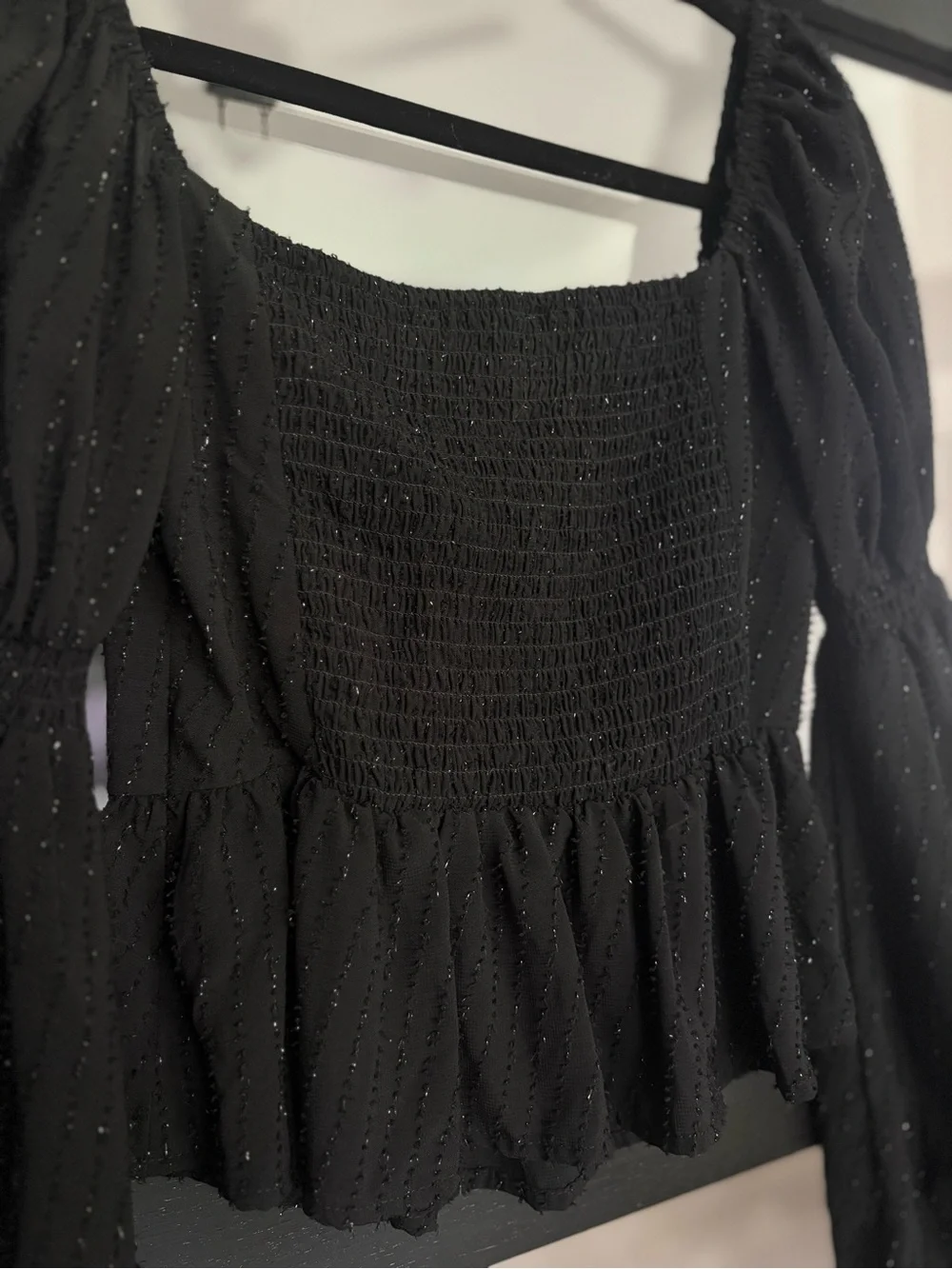 ASTR The Label Black Textured Peplum Puff Sleeve Square Neck Top Revolve - Small